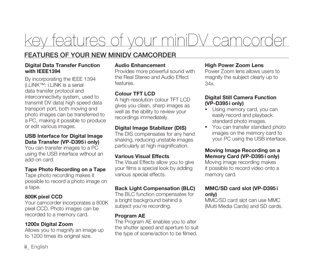 Samsung VP-D391I/MEA, VP-D391/XEF, VP-D391/EDC, VP-D391I/XER manual Features of Your NEW Minidv Camcorder 