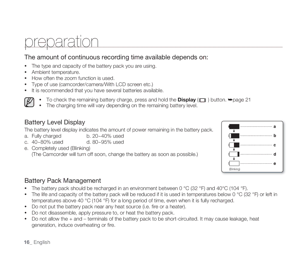 Samsung VP-D391/XEF, VP-D391/EDC manual Amount of continuous recording time available depends on, Battery Level Display 