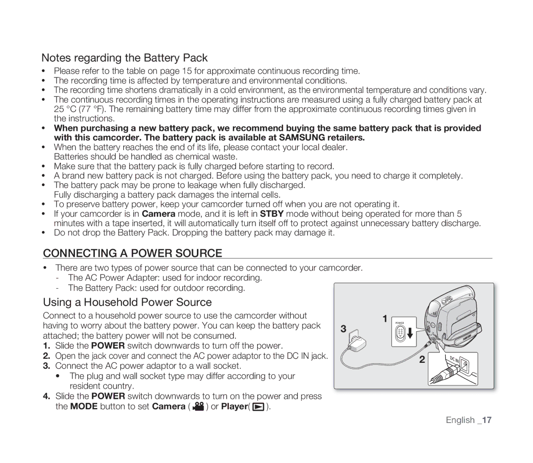 Samsung VP-D391/EDC, VP-D391/XEF, VP-D391I/MEA, VP-D391I/XER manual Connecting a Power Source, Using a Household Power Source 