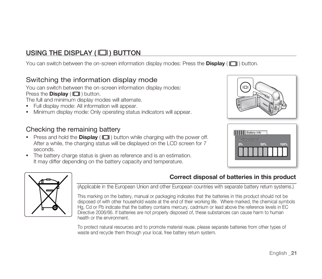 Samsung VP-D391/EDC manual Using the Display Button, Switching the information display mode, Checking the remaining battery 