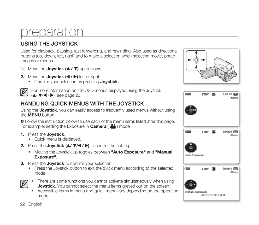 Samsung VP-D391I/MEA, VP-D391/XEF, VP-D391/EDC, VP-D391I/XER manual Using the Joystick, Handling Quick Menus with the Joystick 