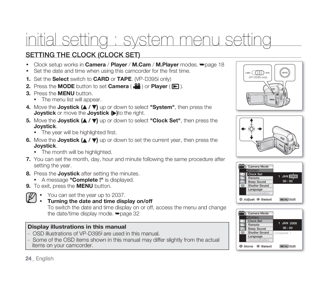 Samsung VP-D391/XEF Initial setting system menu setting, Setting the Clock Clock SET, Joystick Month will be highlighted 