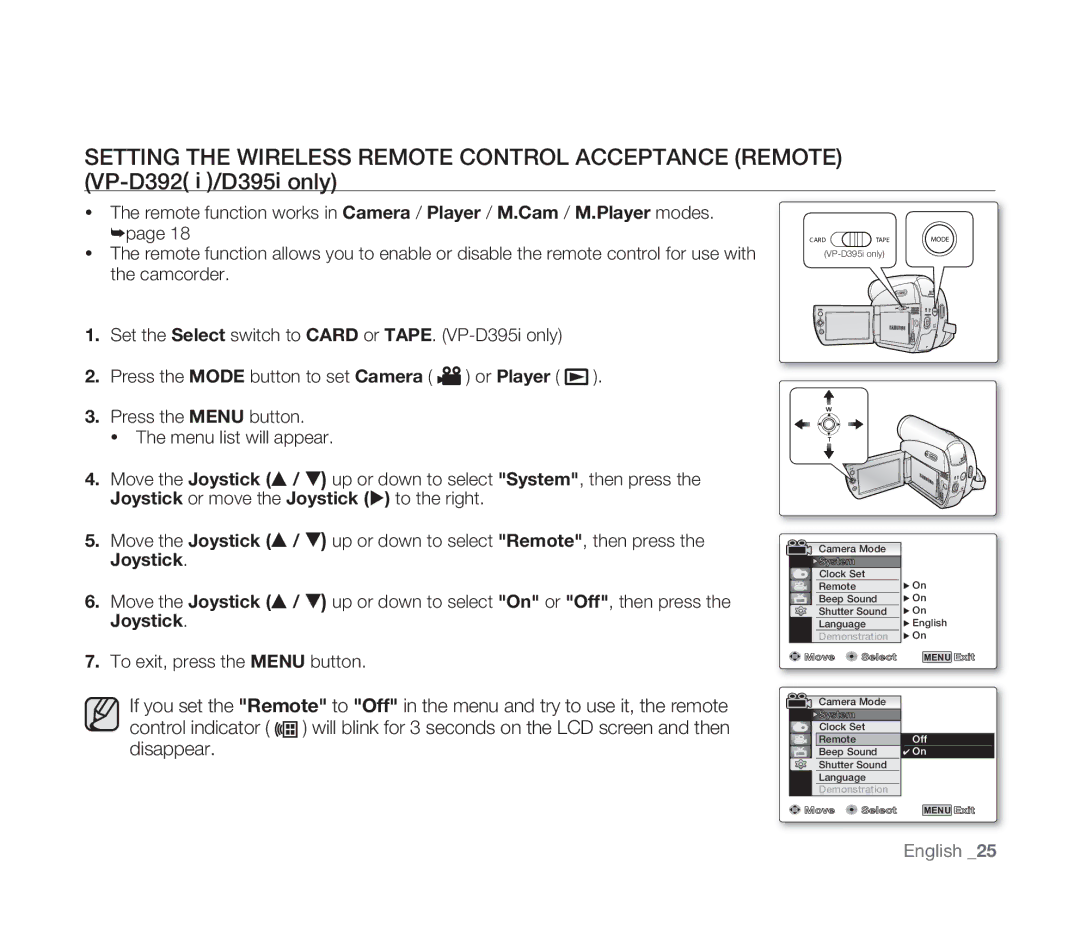 Samsung VP-D391/EDC, VP-D391/XEF, VP-D391I/MEA, VP-D391I/XER manual Off 