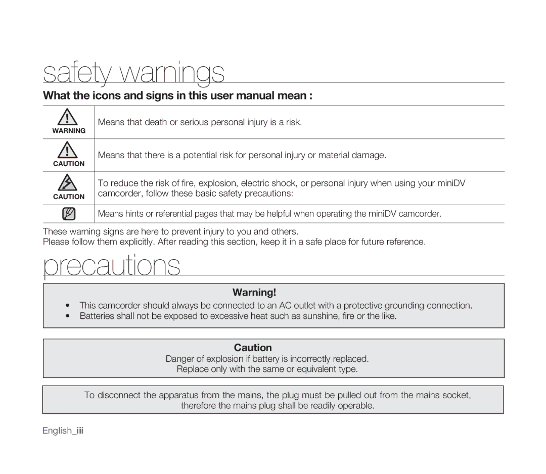 Samsung VP-D391I/XER, VP-D391/XEF manual Safety warnings, Precautions, Camcorder, follow these basic safety precautions 