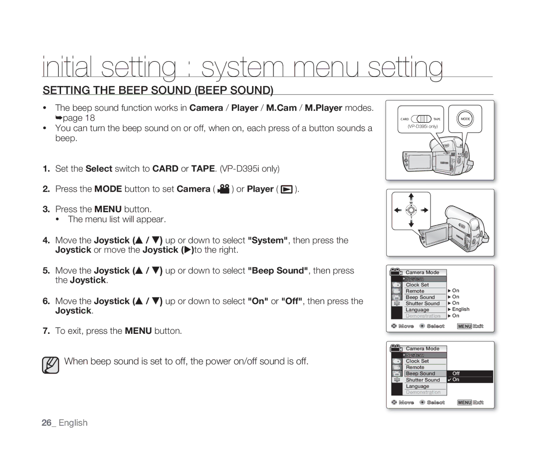 Samsung VP-D391I/MEA, VP-D391/XEF, VP-D391/EDC, VP-D391I/XER manual Setting the Beep Sound Beep Sound 