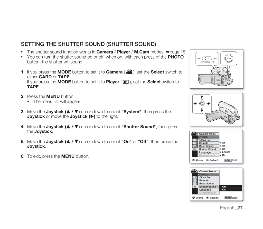 Samsung VP-D391I/XER, VP-D391/XEF, VP-D391/EDC, VP-D391I/MEA manual Setting the Shutter Sound Shutter Sound 