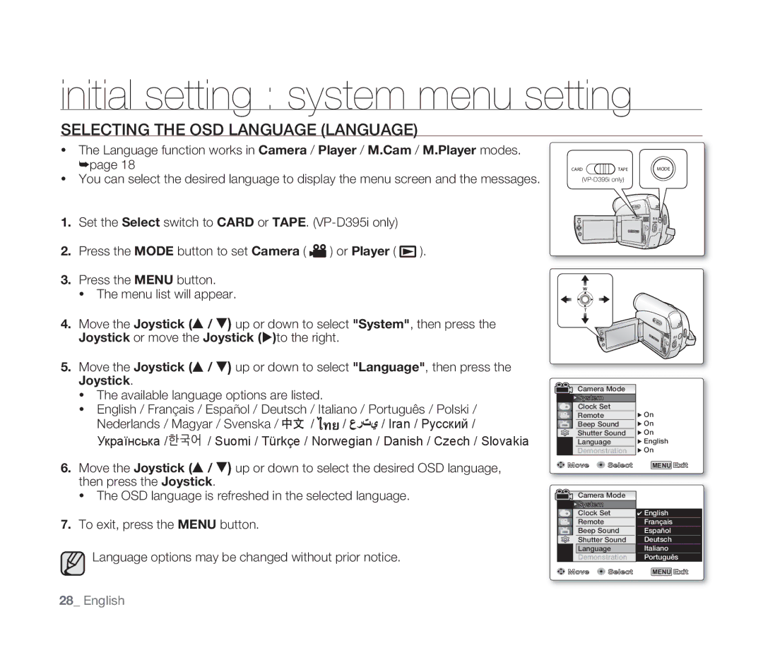 Samsung VP-D391/XEF, VP-D391/EDC, VP-D391I/MEA, VP-D391I/XER manual Selecting the OSD Language Language, Joystick 