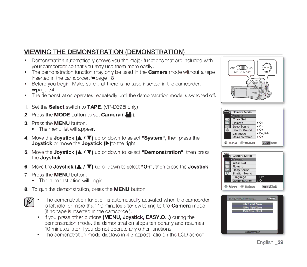 Samsung VP-D391/EDC manual Viewing the Demonstration Demonstration, Your camcorder so that you may use them more easily 