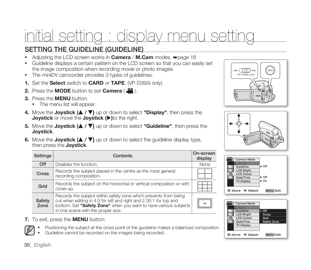 Samsung VP-D391I/MEA Initial setting display menu setting, Setting the Guideline Guideline, To exit, press the Menu button 