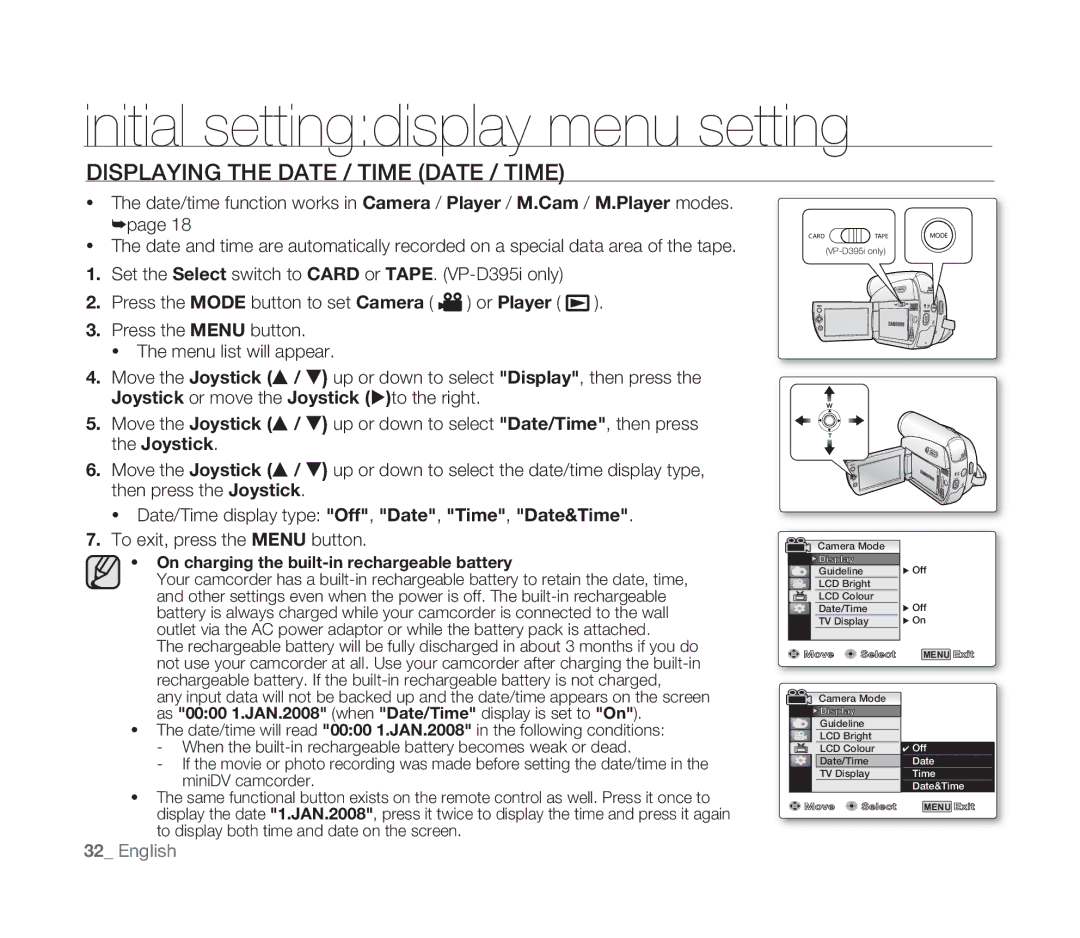 Samsung VP-D391/XEF, VP-D391/EDC, VP-D391I/MEA Initial settingdisplay menu setting, Displaying the Date / Time Date / Time 