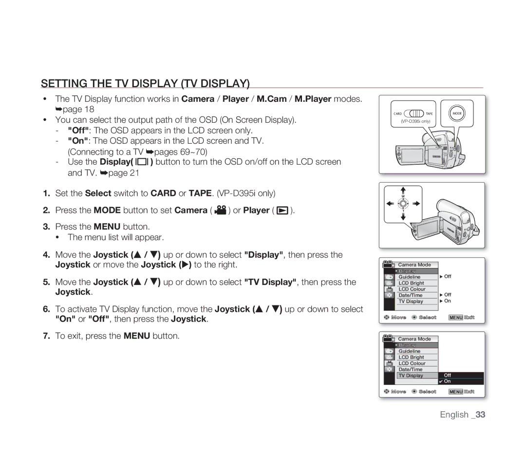 Samsung VP-D391/EDC, VP-D391/XEF, VP-D391I/MEA, VP-D391I/XER manual Setting the TV Display TV Display 