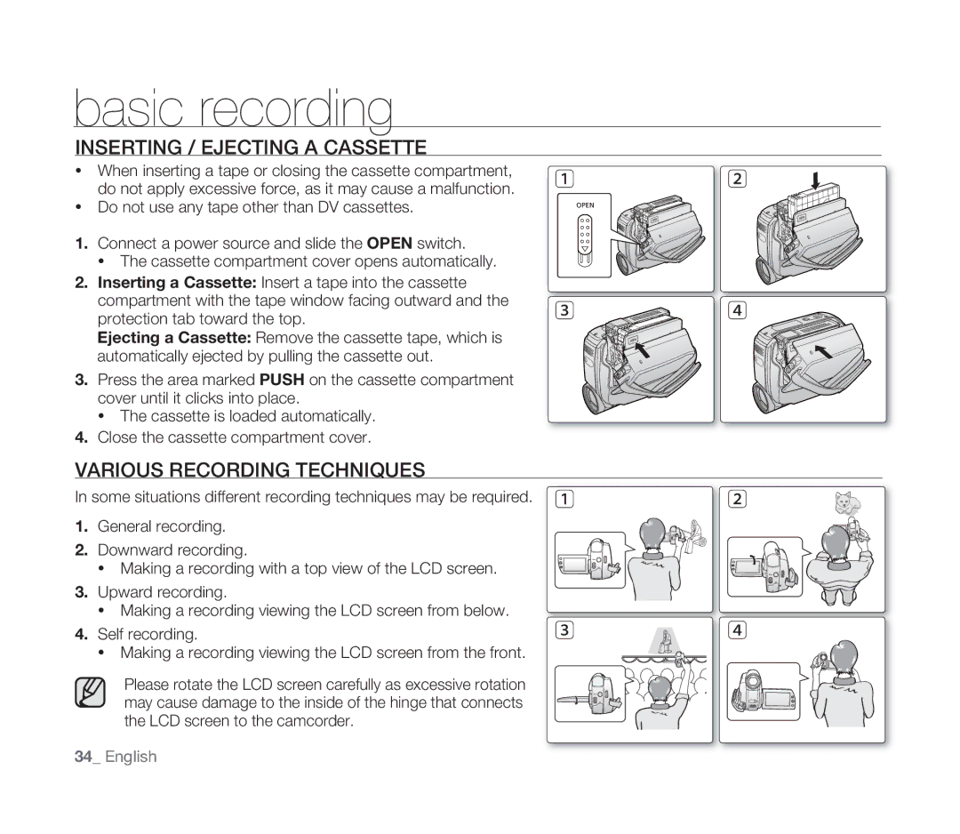 Samsung VP-D391I/MEA, VP-D391/XEF manual Basic recording, Inserting / Ejecting a Cassette, Various Recording Techniques 