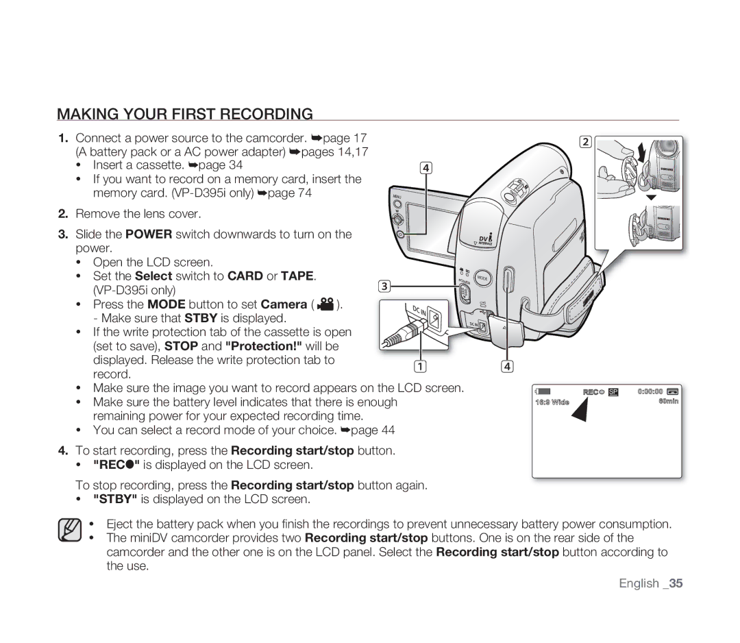 Samsung VP-D391I/XER, VP-D391/XEF, VP-D391/EDC, VP-D391I/MEA manual Making Your First Recording 