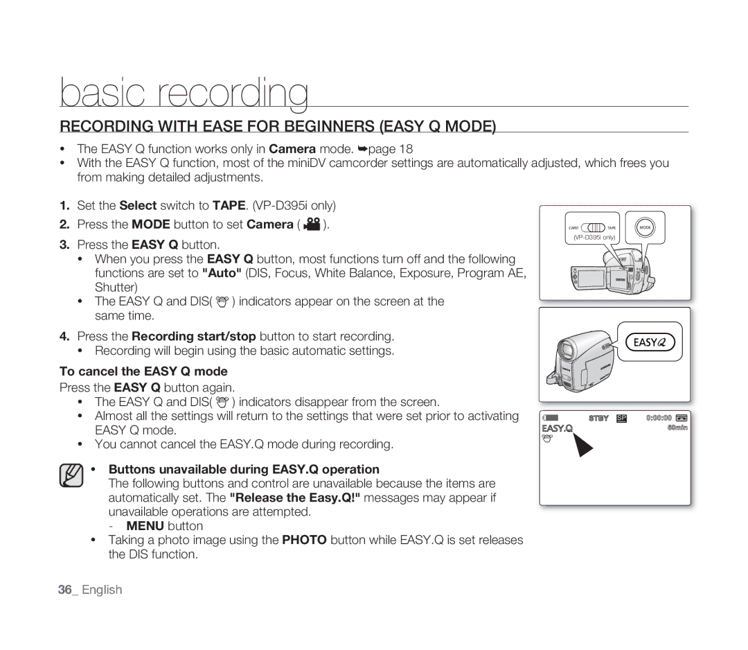 Samsung VP-D391/XEF, VP-D391/EDC, VP-D391I/MEA Recording with Ease for Beginners Easy Q Mode, To cancel the Easy Q mode 