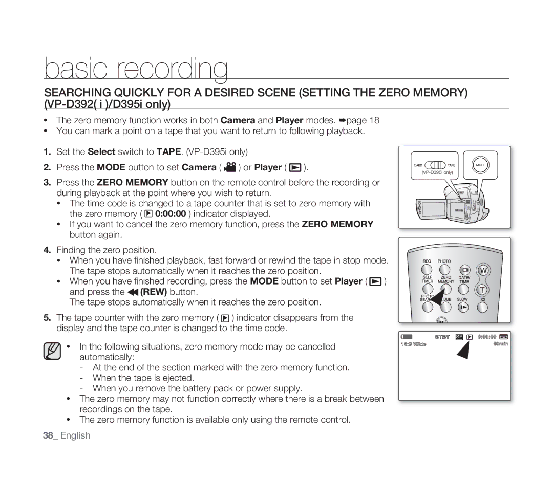 Samsung VP-D391I/MEA, VP-D391/XEF, VP-D391/EDC, VP-D391I/XER manual Stby SP Wide 10Sec 