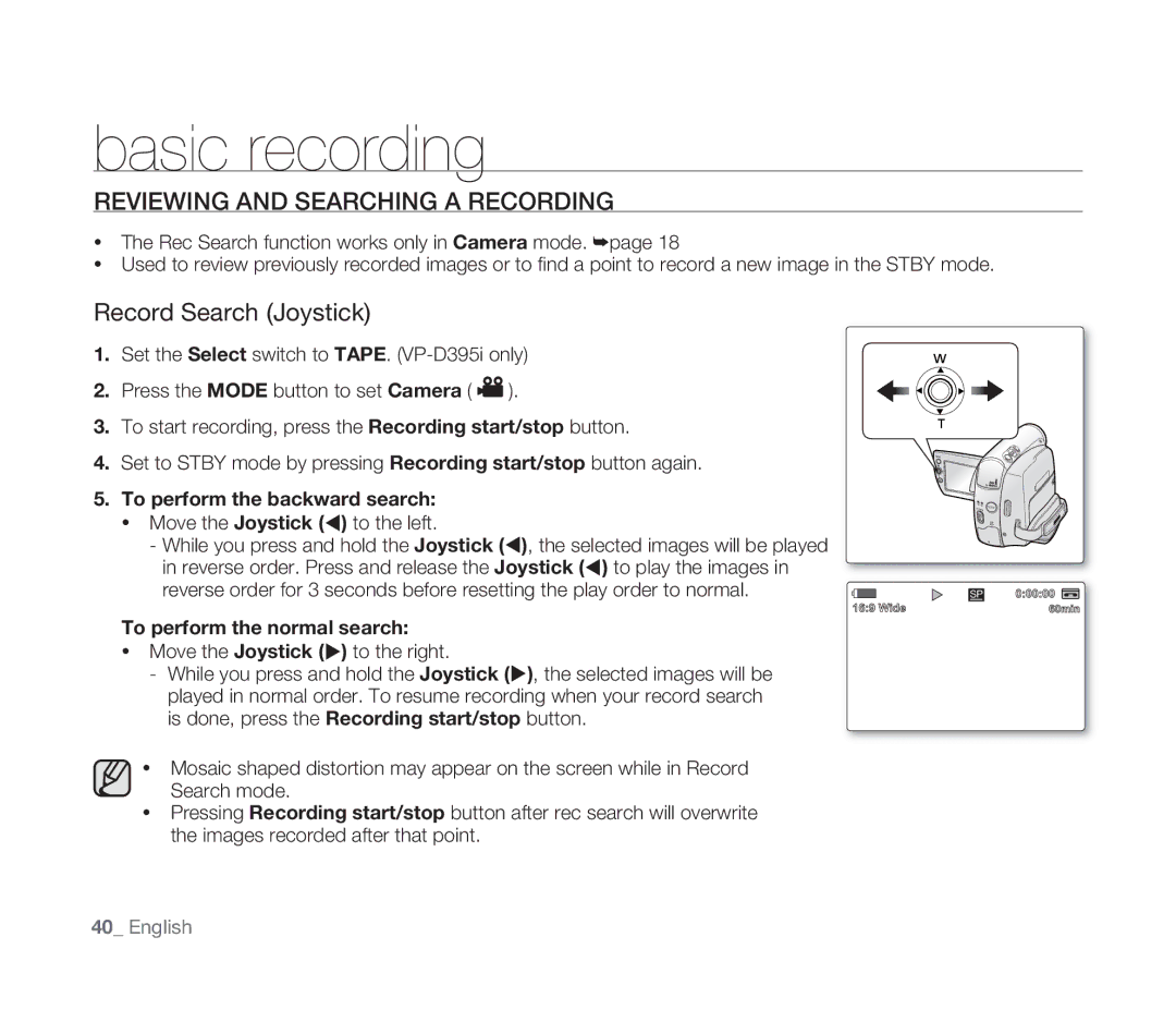 Samsung VP-D391/XEF, VP-D391/EDC, VP-D391I/MEA, VP-D391I/XER Reviewing and Searching a Recording, Record Search Joystick 