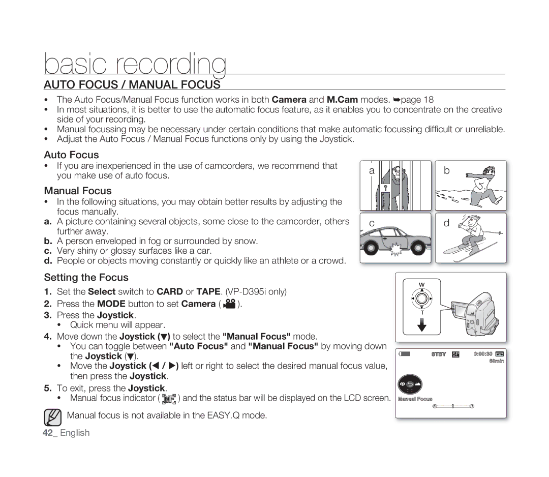 Samsung VP-D391I/MEA, VP-D391/XEF, VP-D391/EDC, VP-D391I/XER manual Auto Focus / Manual Focus 