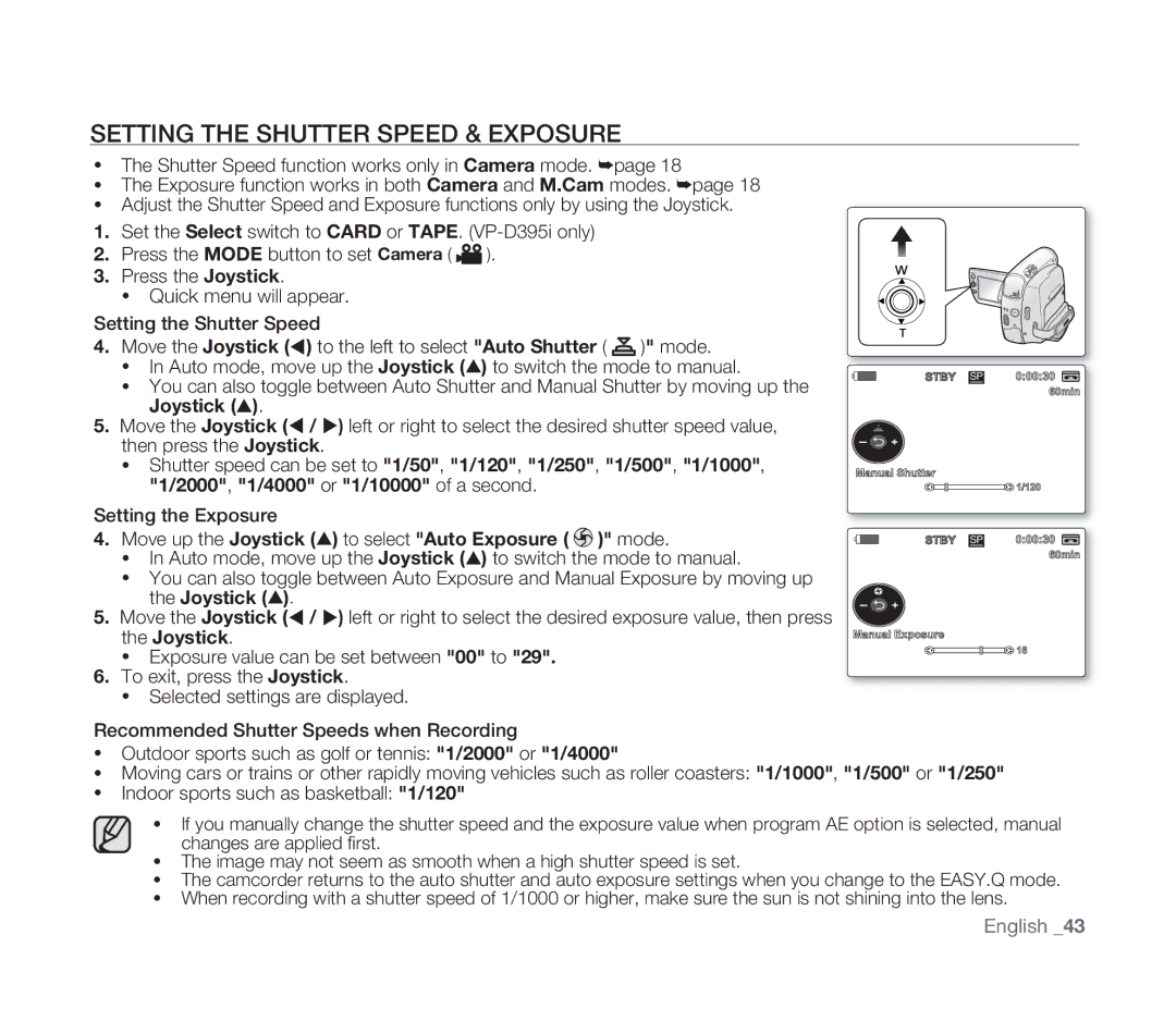 Samsung VP-D391I/XER, VP-D391/XEF, VP-D391/EDC, VP-D391I/MEA manual Setting the Shutter Speed & Exposure, Move the Joystick 