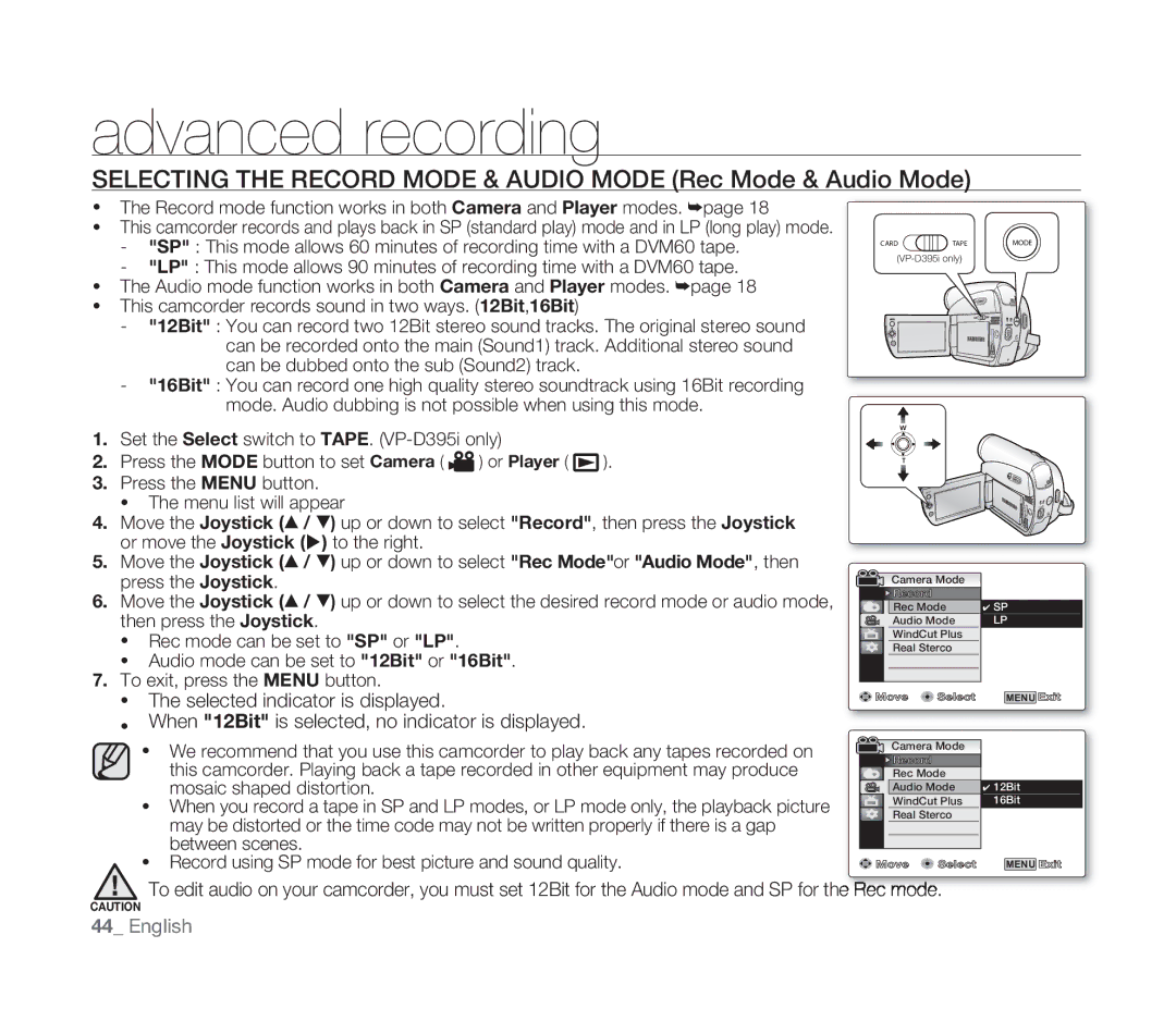 Samsung VP-D391/XEF, VP-D391/EDC manual Advanced recording, Selecting the Record Mode & Audio Mode Rec Mode & Audio Mode 