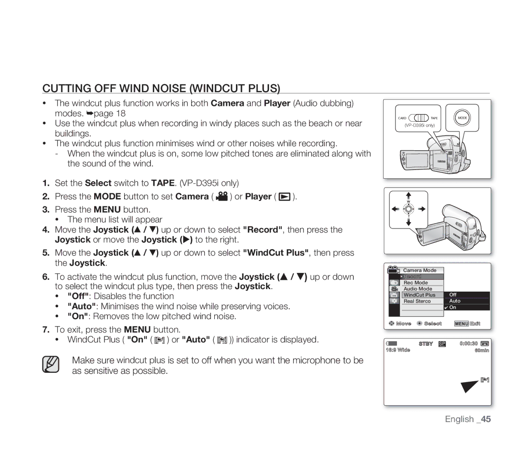 Samsung VP-D391/EDC, VP-D391/XEF, VP-D391I/MEA, VP-D391I/XER manual Cutting OFF Wind Noise Windcut Plus 