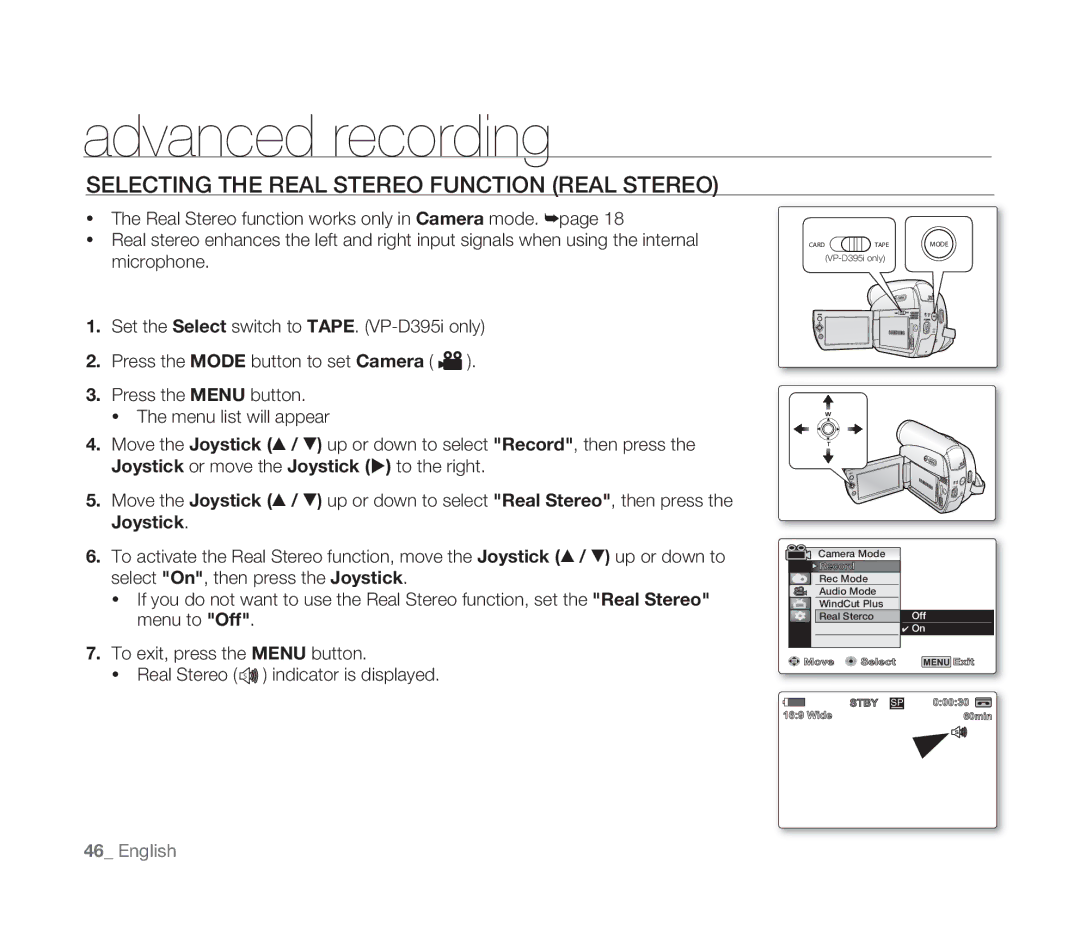 Samsung VP-D391I/MEA, VP-D391/XEF, VP-D391/EDC, VP-D391I/XER manual Selecting the Real Stereo Function Real Stereo 