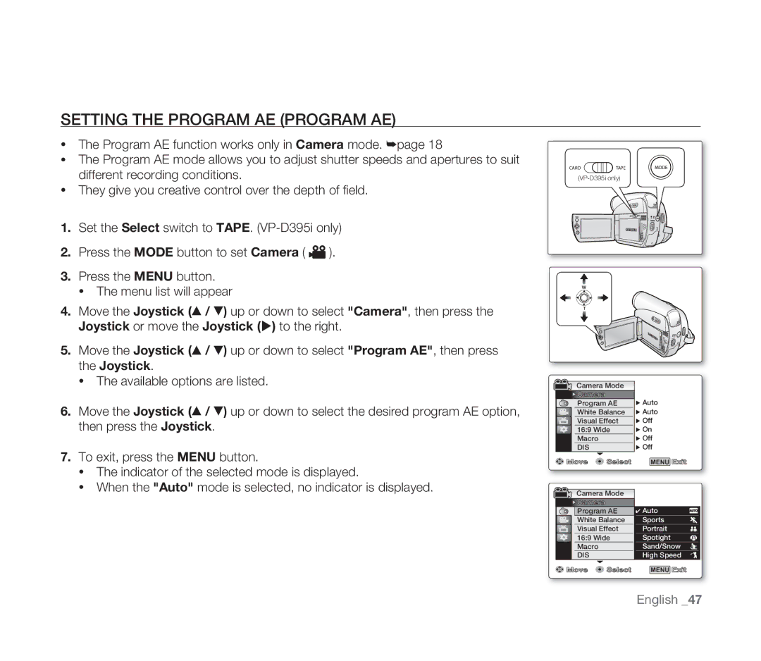 Samsung VP-D391I/XER, VP-D391/XEF, VP-D391/EDC, VP-D391I/MEA manual Setting the Program AE Program AE 