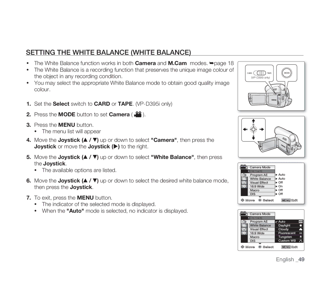 Samsung VP-D391/EDC, VP-D391/XEF, VP-D391I/MEA, VP-D391I/XER manual Setting the White Balance White Balance, Joystick 