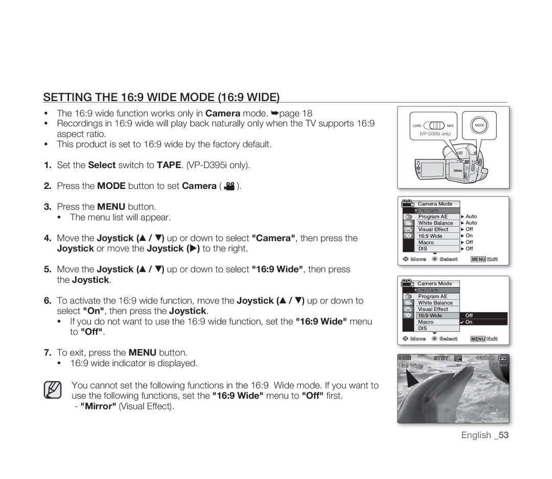 Samsung VP-D391/EDC, VP-D391/XEF, VP-D391I/MEA, VP-D391I/XER manual Setting the 169 Wide Mode 169 Wide 