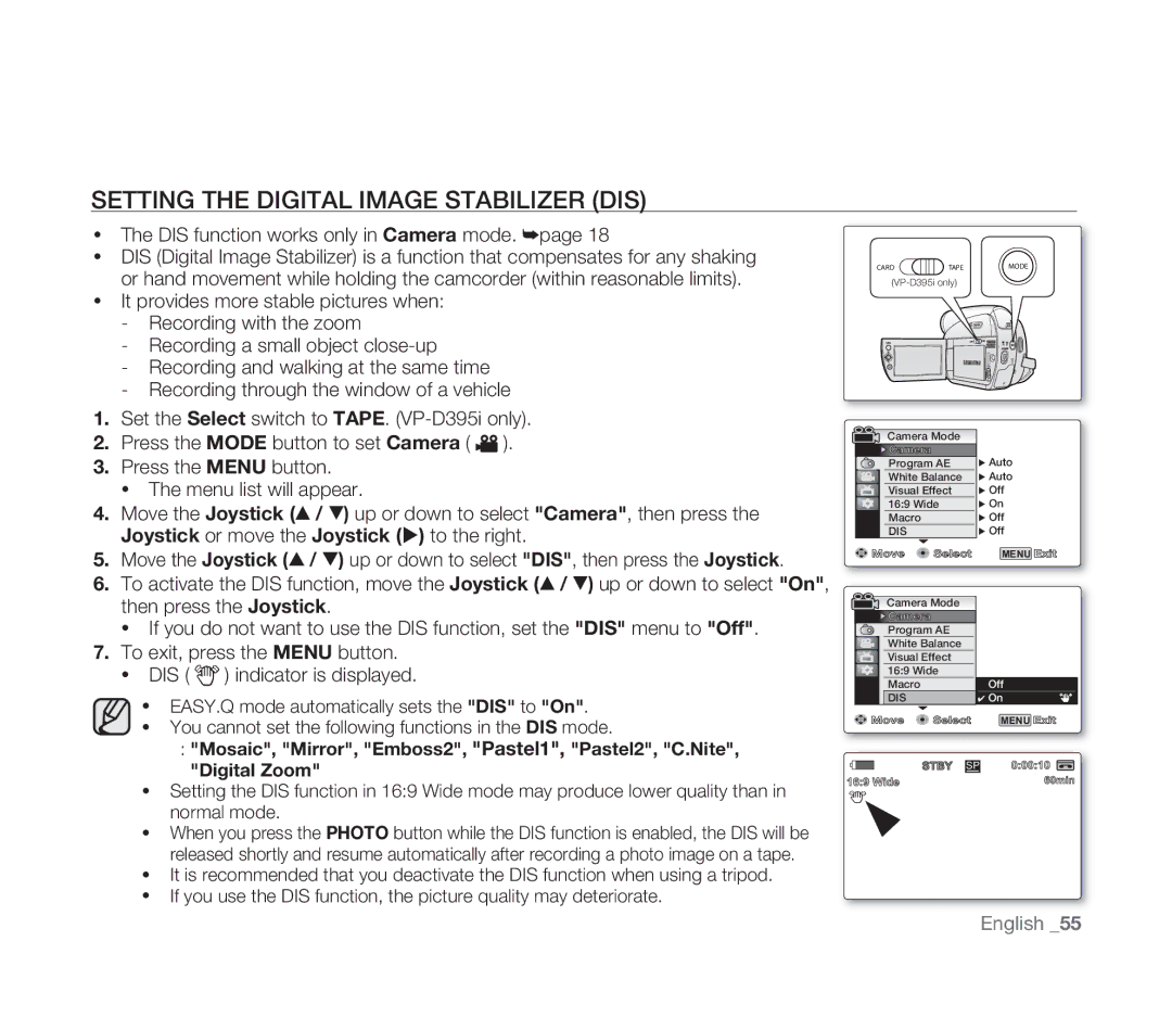 Samsung VP-D391I/XER, VP-D391/XEF manual Setting the Digital Image Stabilizer DIS, DIS function works only in Camera mode 