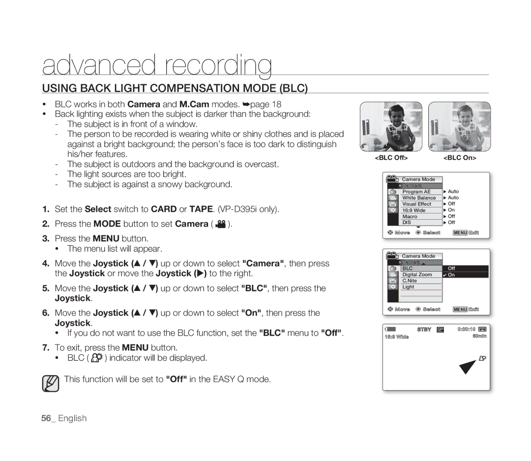 Samsung VP-D391/XEF, VP-D391/EDC, VP-D391I/MEA, VP-D391I/XER manual Using Back Light Compensation Mode BLC, BLC Off 