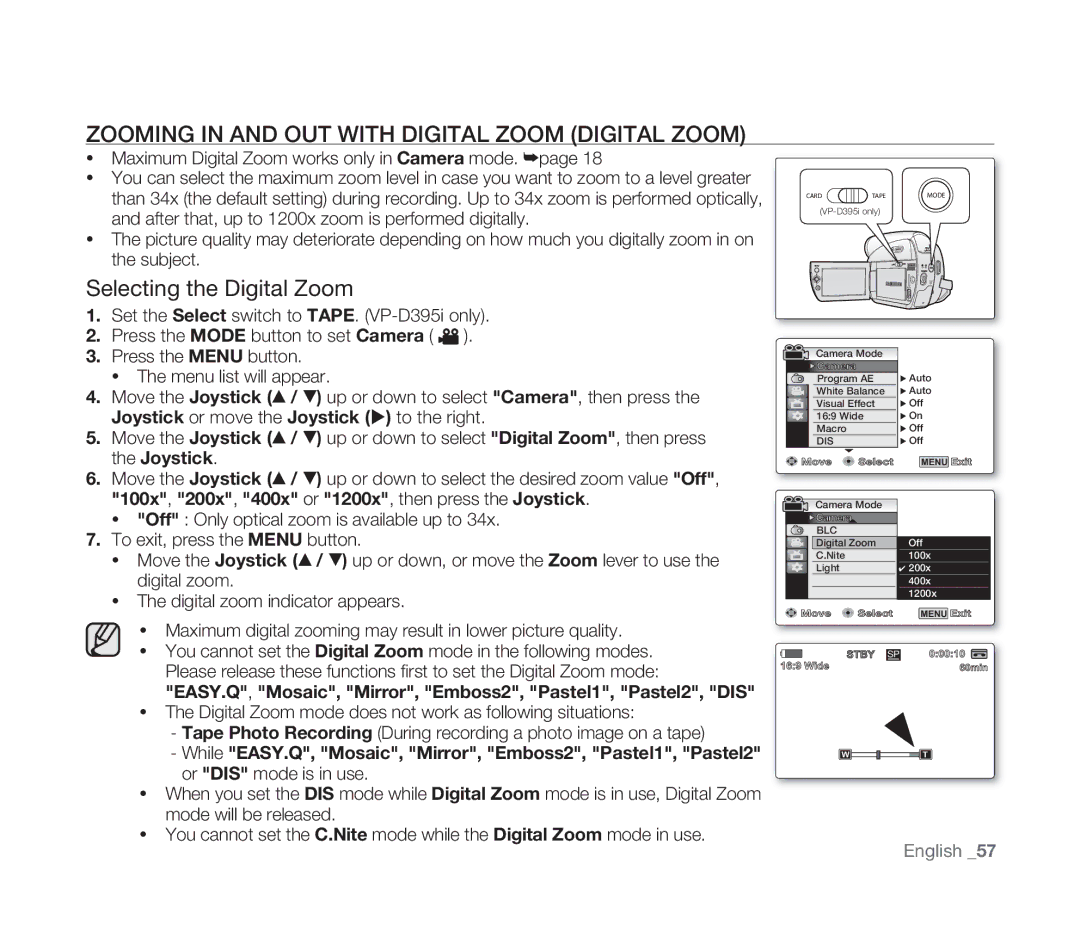 Samsung VP-D391/EDC, VP-D391/XEF manual Zooming in and OUT with Digital Zoom Digital Zoom, Selecting the Digital Zoom 