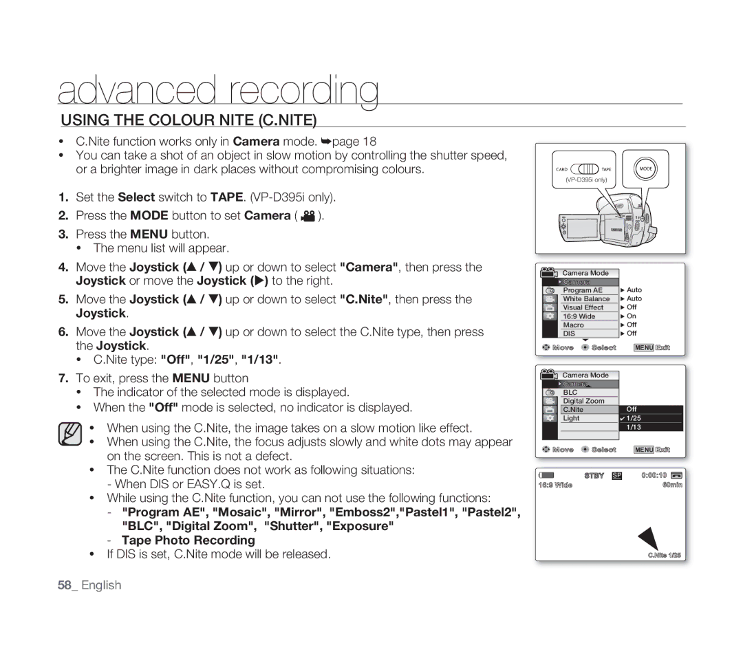 Samsung VP-D391I/MEA, VP-D391/XEF manual Using the Colour Nite C.NITE, Program AE, Mosaic, Mirror, Emboss2,Pastel1, Pastel2 