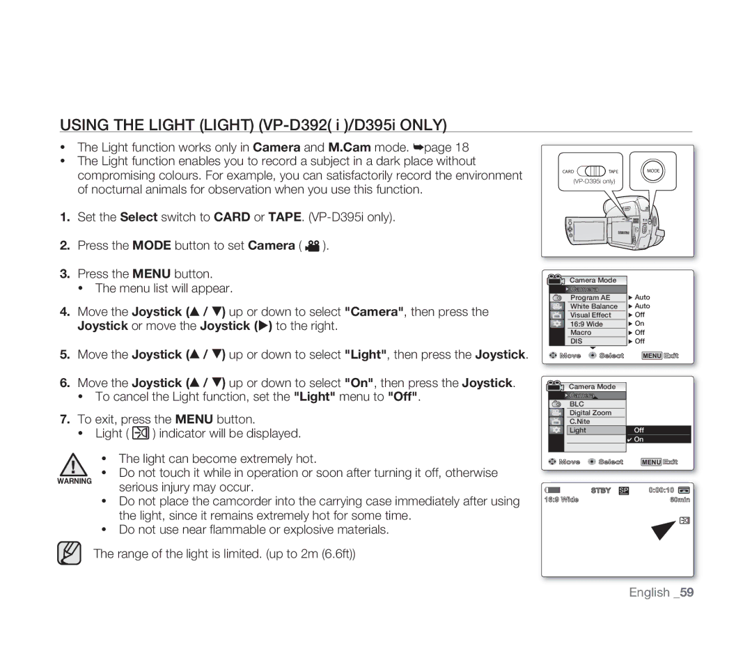 Samsung VP-D391I/XER, VP-D391/XEF, VP-D391/EDC, VP-D391I/MEA manual Using the Light Light VP-D392 i /D395i only 