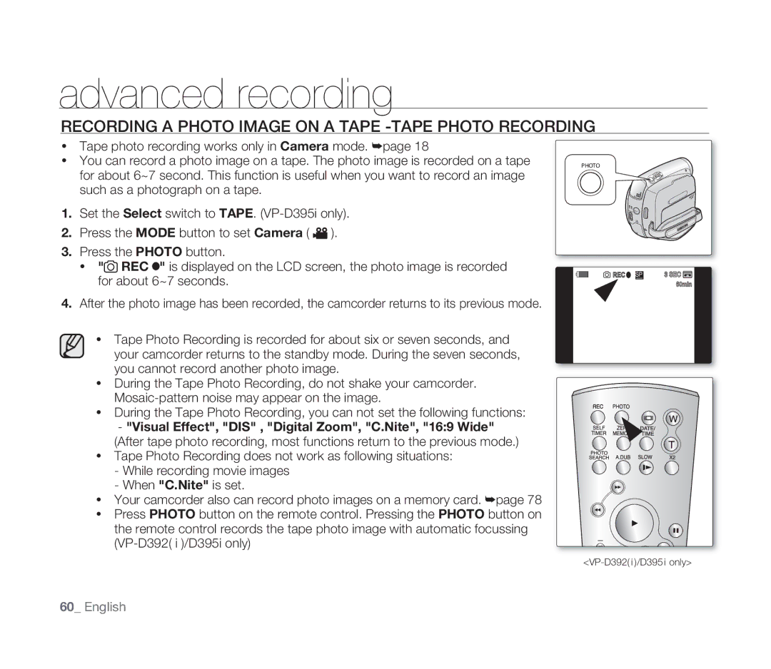 Samsung VP-D391/XEF, VP-D391/EDC, VP-D391I/MEA, VP-D391I/XER manual Recording a Photo Image on a Tape -TAPE Photo Recording 