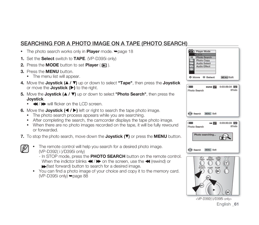 Samsung VP-D391/EDC, VP-D391/XEF, VP-D391I/MEA, VP-D391I/XER manual Searching for a Photo Image on a Tape Photo Search 