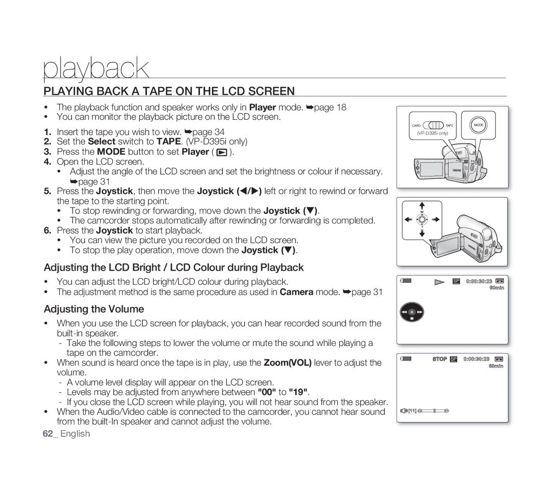 Samsung VP-D391I/MEA, VP-D391/XEF, VP-D391/EDC, VP-D391I/XER manual Playback, Playing Back a Tape on the LCD Screen 