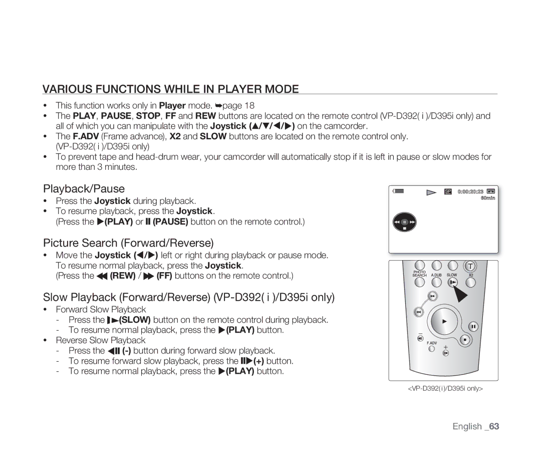 Samsung VP-D391I/XER, VP-D391/XEF Various Functions While in Player Mode, Playback/Pause, Picture Search Forward/Reverse 