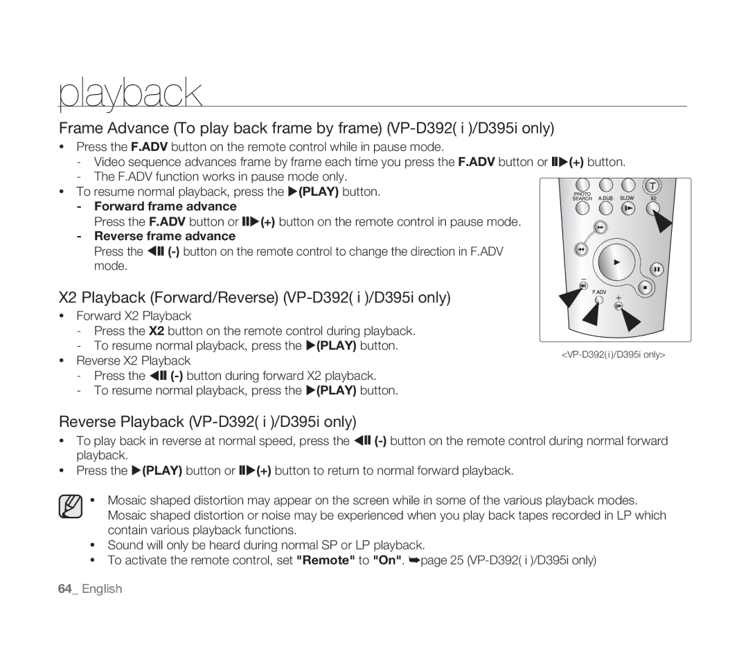 Samsung VP-D391/XEF, VP-D391/EDC X2 Playback Forward/Reverse VP-D392 i /D395i only, Reverse Playback VP-D392 i /D395i only 