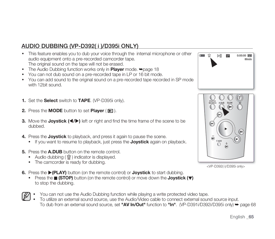 Samsung VP-D391/EDC, VP-D391/XEF, VP-D391I/MEA, VP-D391I/XER manual Audio Dubbing VP-D392 i /D395i only 