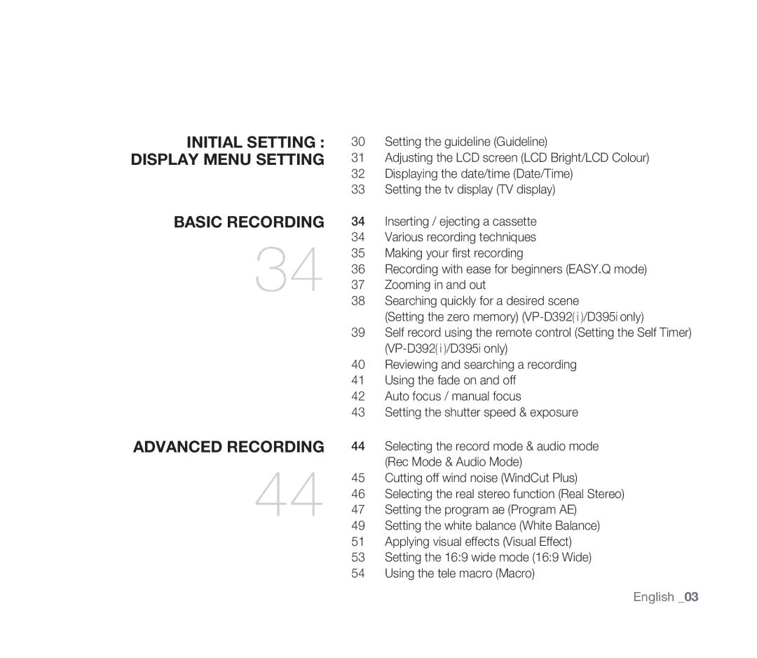 Samsung VP-D391I/XER, VP-D391/XEF, VP-D391/EDC, VP-D391I/MEA manual Initial Setting Display Menu Setting 