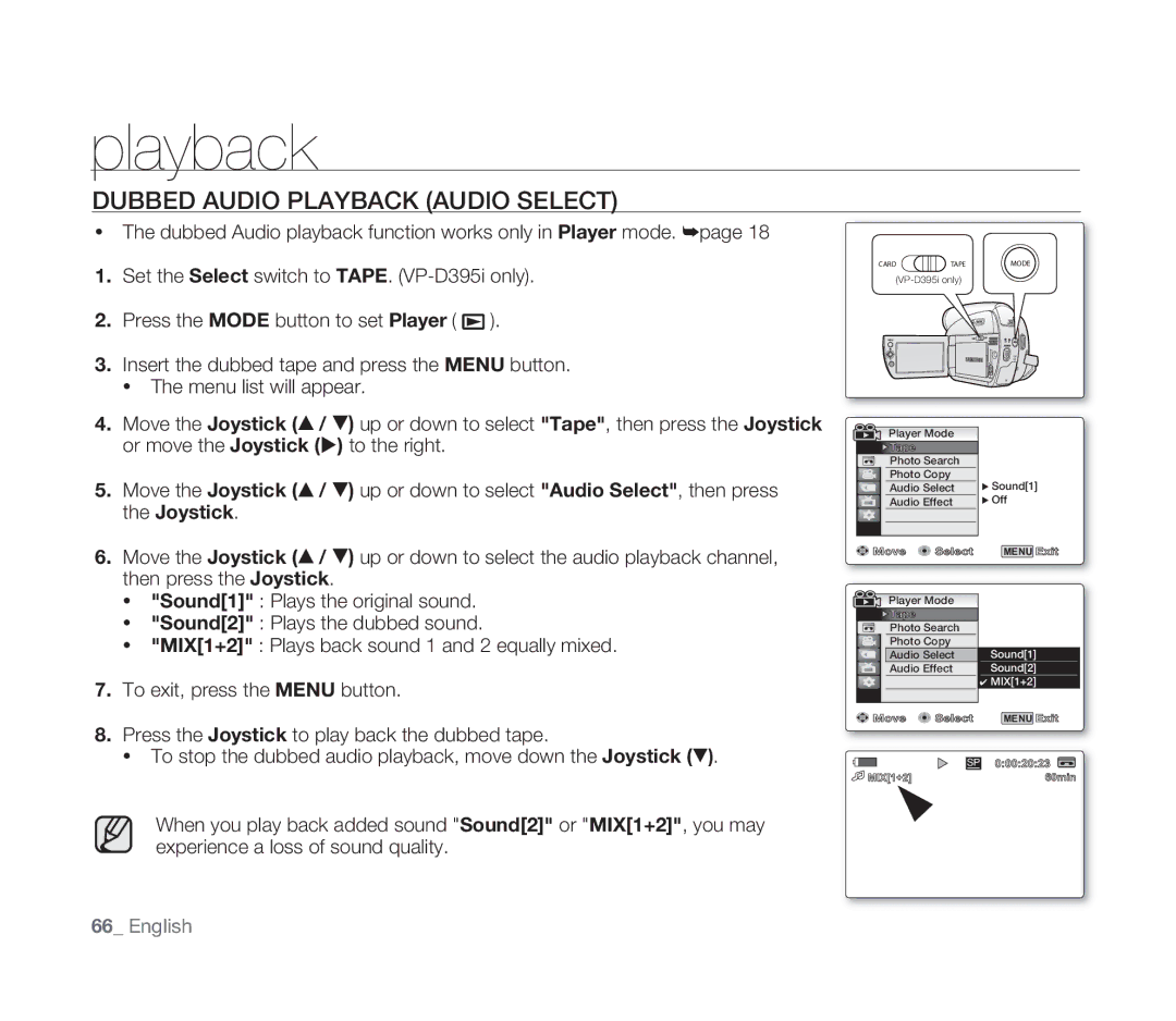 Samsung VP-D391I/MEA, VP-D391/XEF, VP-D391/EDC, VP-D391I/XER manual Dubbed Audio Playback Audio Select 