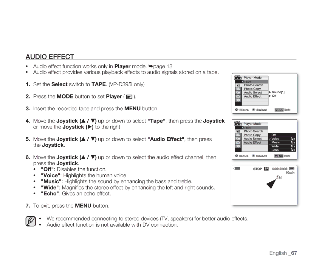 Samsung VP-D391I/XER, VP-D391/XEF, VP-D391/EDC, VP-D391I/MEA manual Audio Effect 