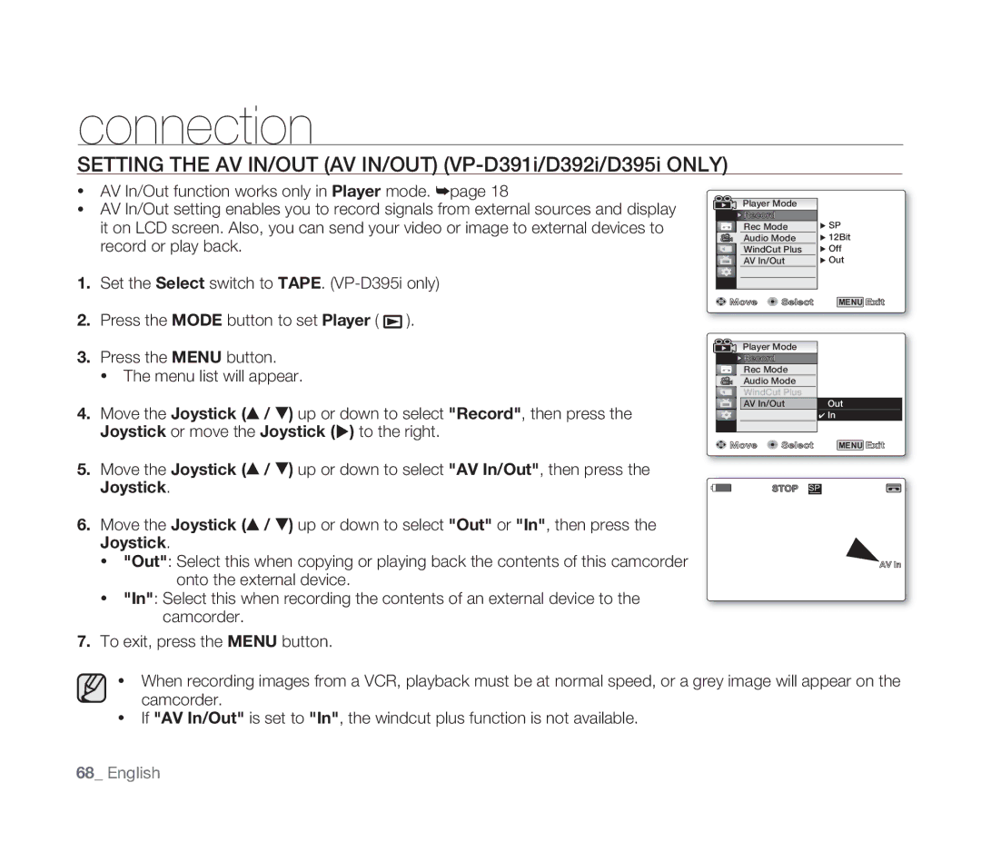 Samsung VP-D391/XEF, VP-D391/EDC, VP-D391I/MEA manual Connection, Setting the AV IN/OUT AV IN/OUT VP-D391i/D392i/D395i only 