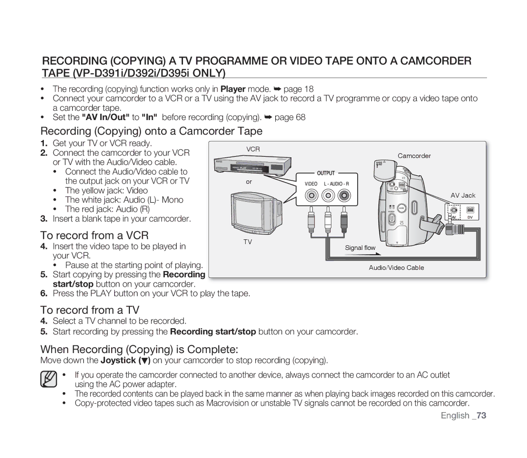 Samsung VP-D391/EDC, VP-D391/XEF manual Recording Copying onto a Camcorder Tape, To record from a VCR, To record from a TV 