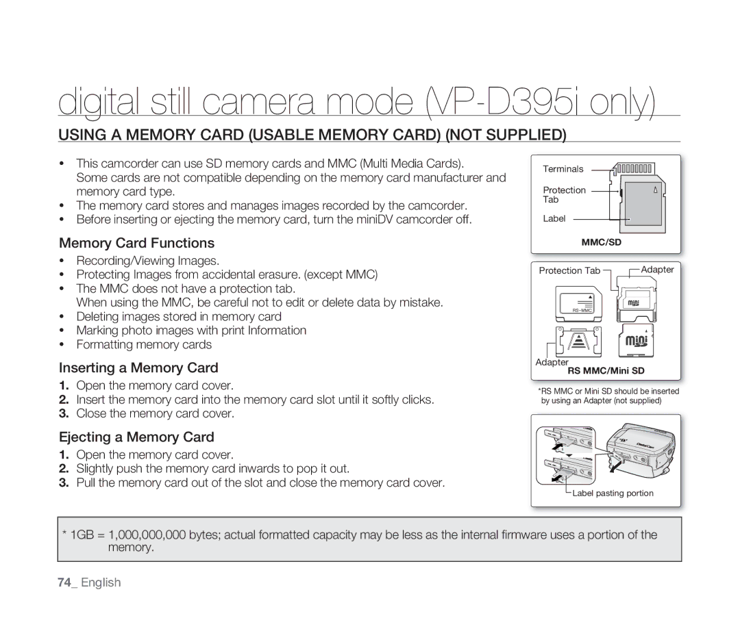 Samsung VP-D391I/MEA manual Digital still camera mode VP-D395ionly, Using a Memory Card Usable Memory Card not Supplied 