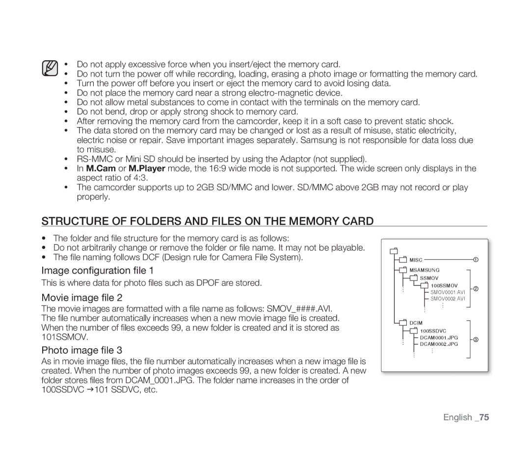 Samsung VP-D391I/XER, VP-D391/XEF, VP-D391/EDC manual Structure of Folders and Files on the Memory Card, Movie image ﬁle 