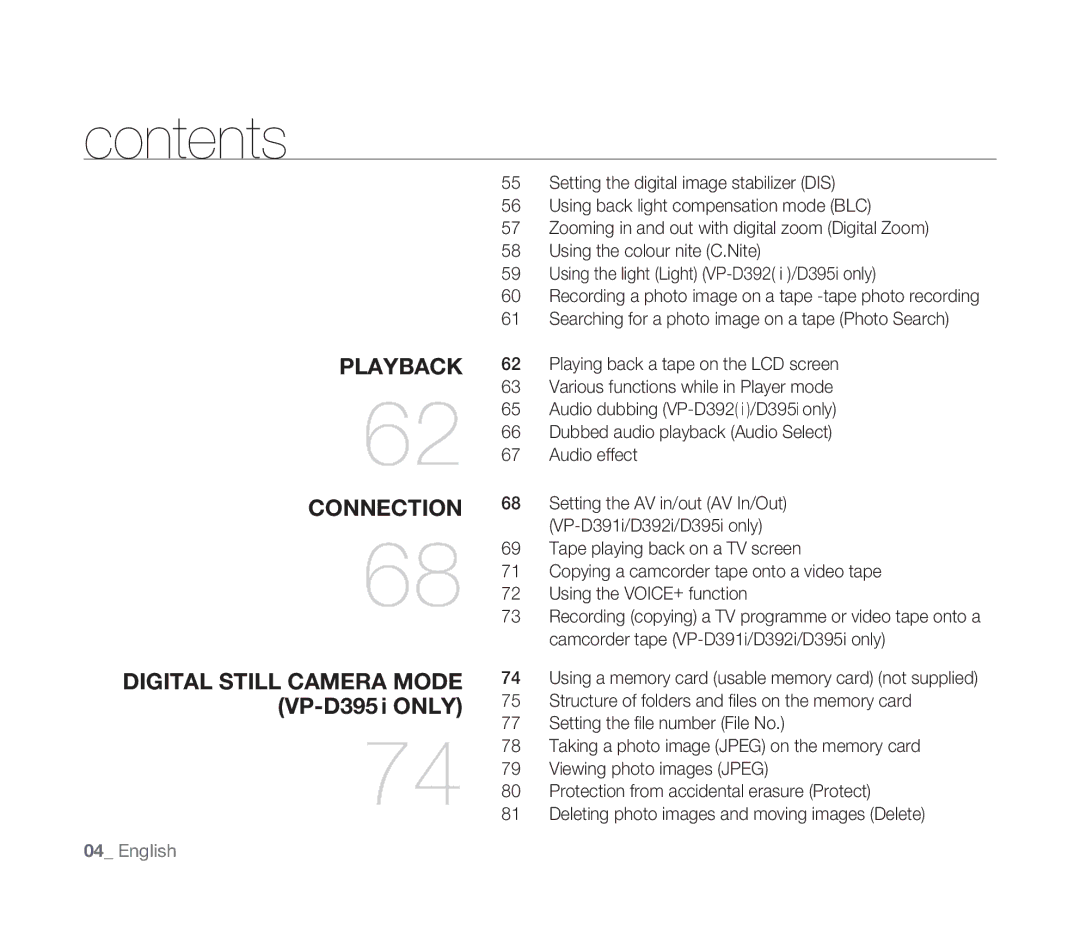 Samsung VP-D391/XEF, VP-D391/EDC, VP-D391I/MEA, VP-D391I/XER manual Playback 