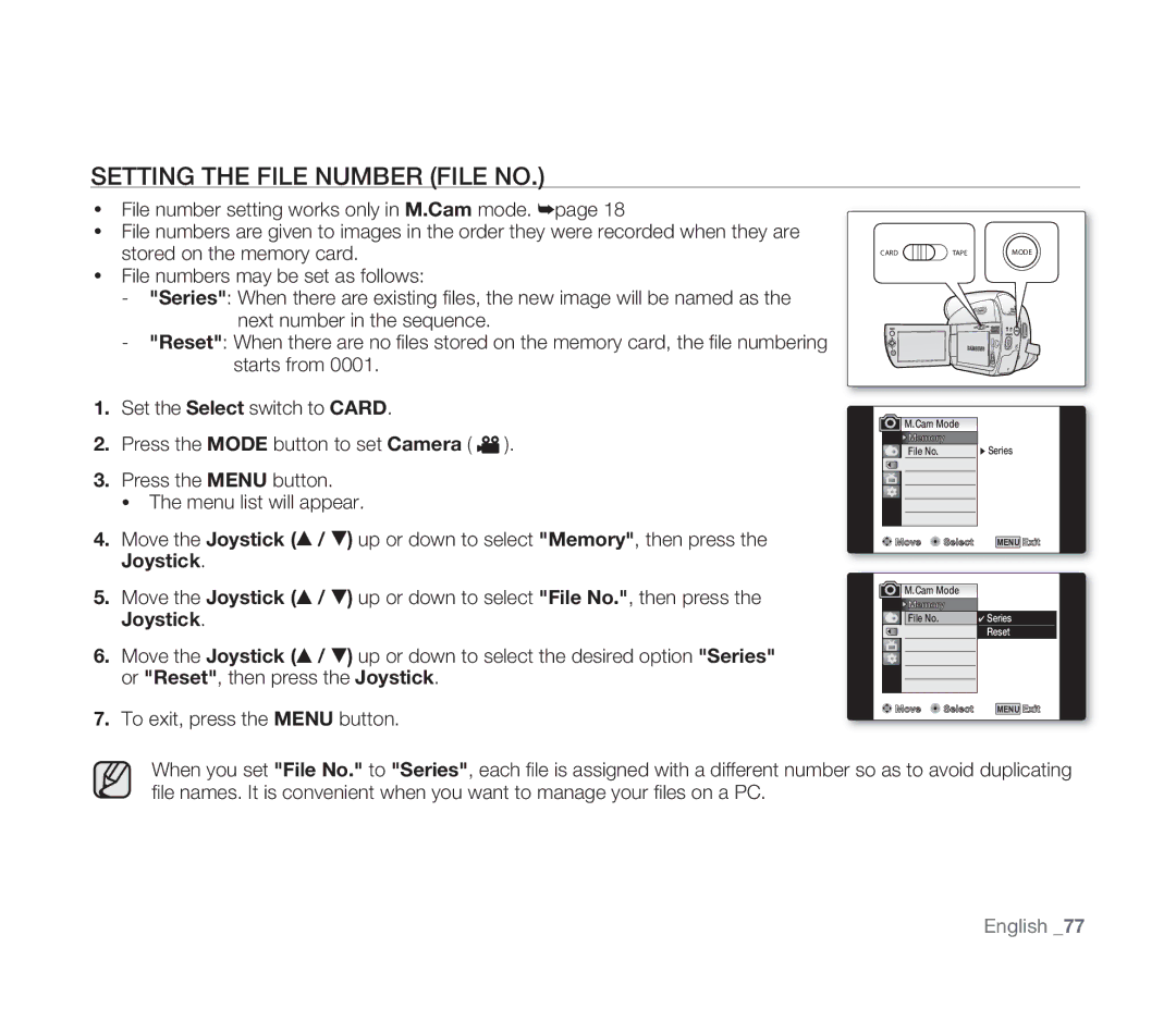 Samsung VP-D391/EDC, VP-D391/XEF, VP-D391I/MEA, VP-D391I/XER manual Setting the File Number File no, Stored on the memory card 