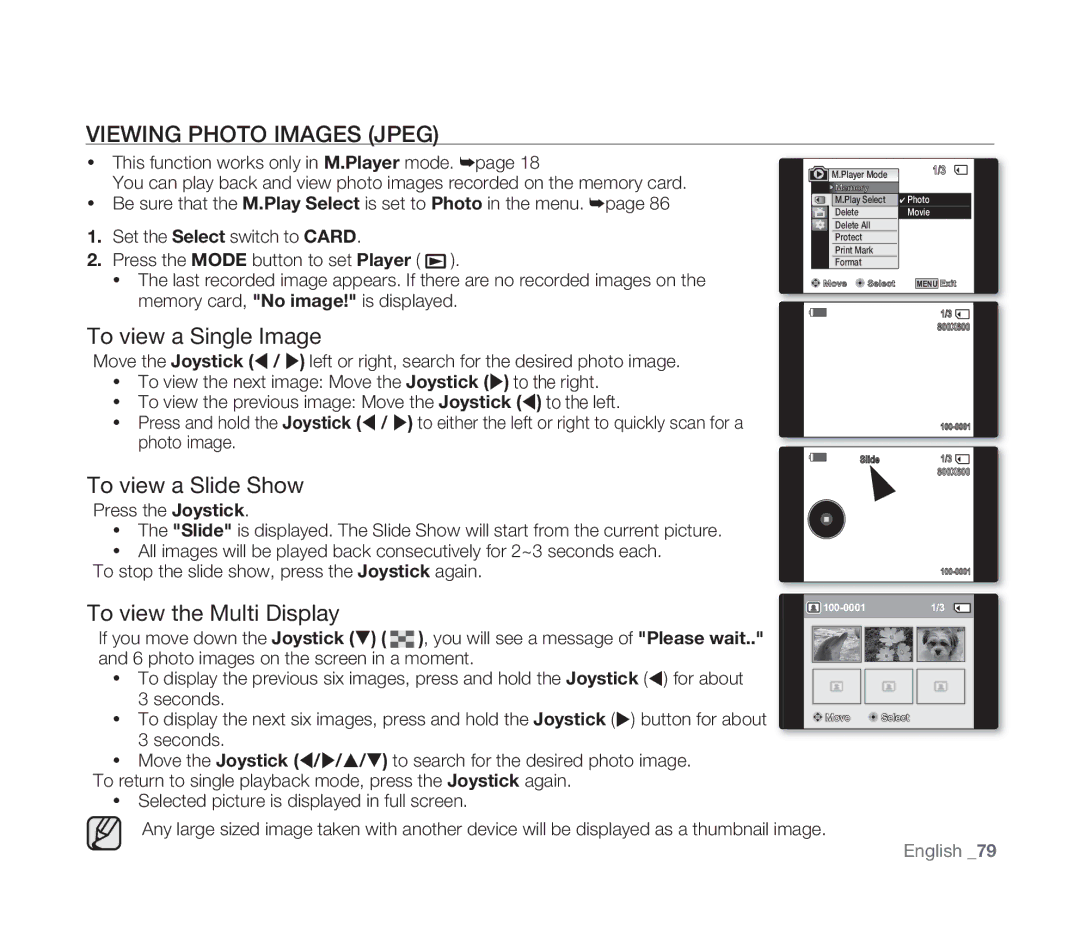 Samsung VP-D391I/XER, VP-D391/XEF Viewing Photo Images Jpeg, To view a Slide Show, To view the Multi Display, Photo image 