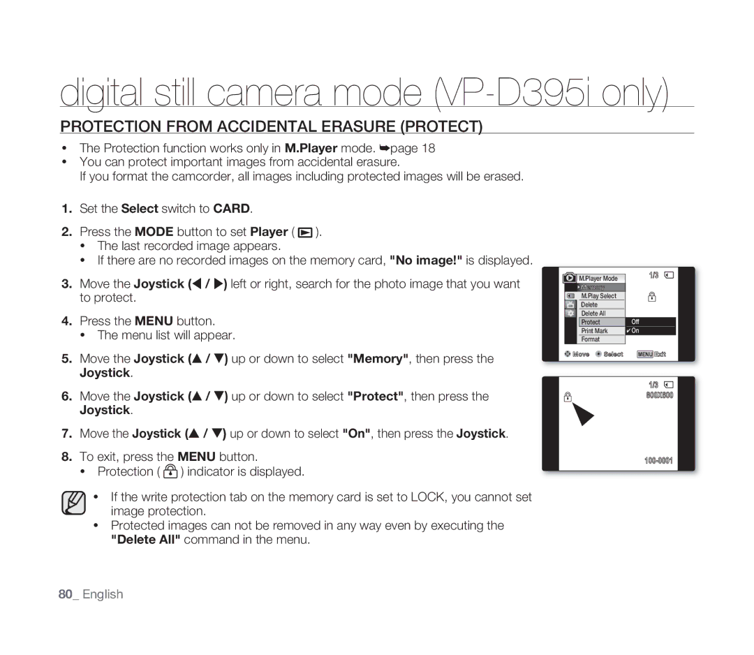 Samsung VP-D391/XEF, VP-D391/EDC, VP-D391I/MEA, VP-D391I/XER manual Protection from Accidental Erasure Protect 